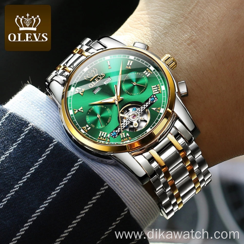 OLEVS 6607 Men Stainless Steel Automatic Mechanical Watches Classic Bracelet Water Resistant With Date Week Green Luxury Watch